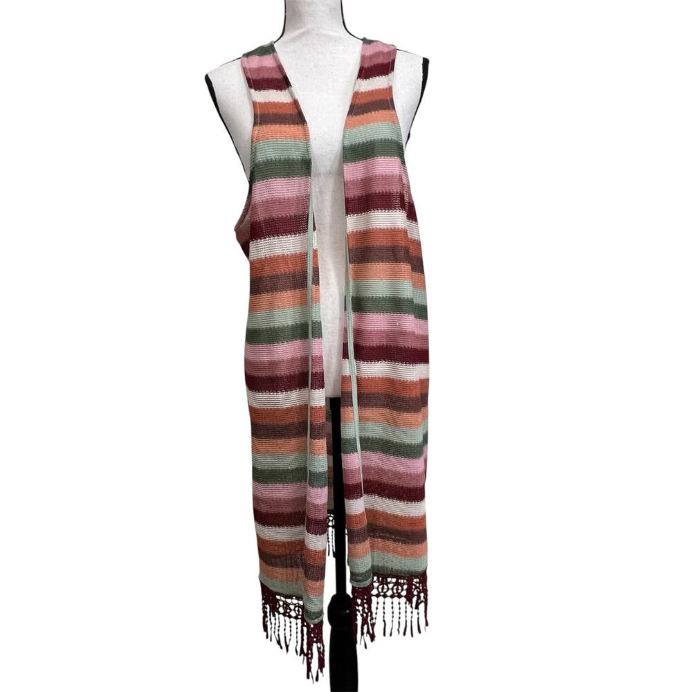 Almost Famous Striped Open Front Vest Cardigan XL Boho Fringe Sleeveless Long